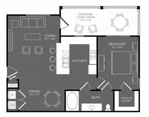 Floor plan for 1 bed, 1 bath, 768 sqft